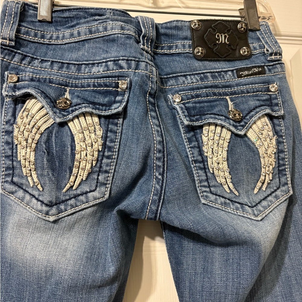 Miss Me Blue Boot Cut Jeans with Distinctive Angel Wing Embroidery